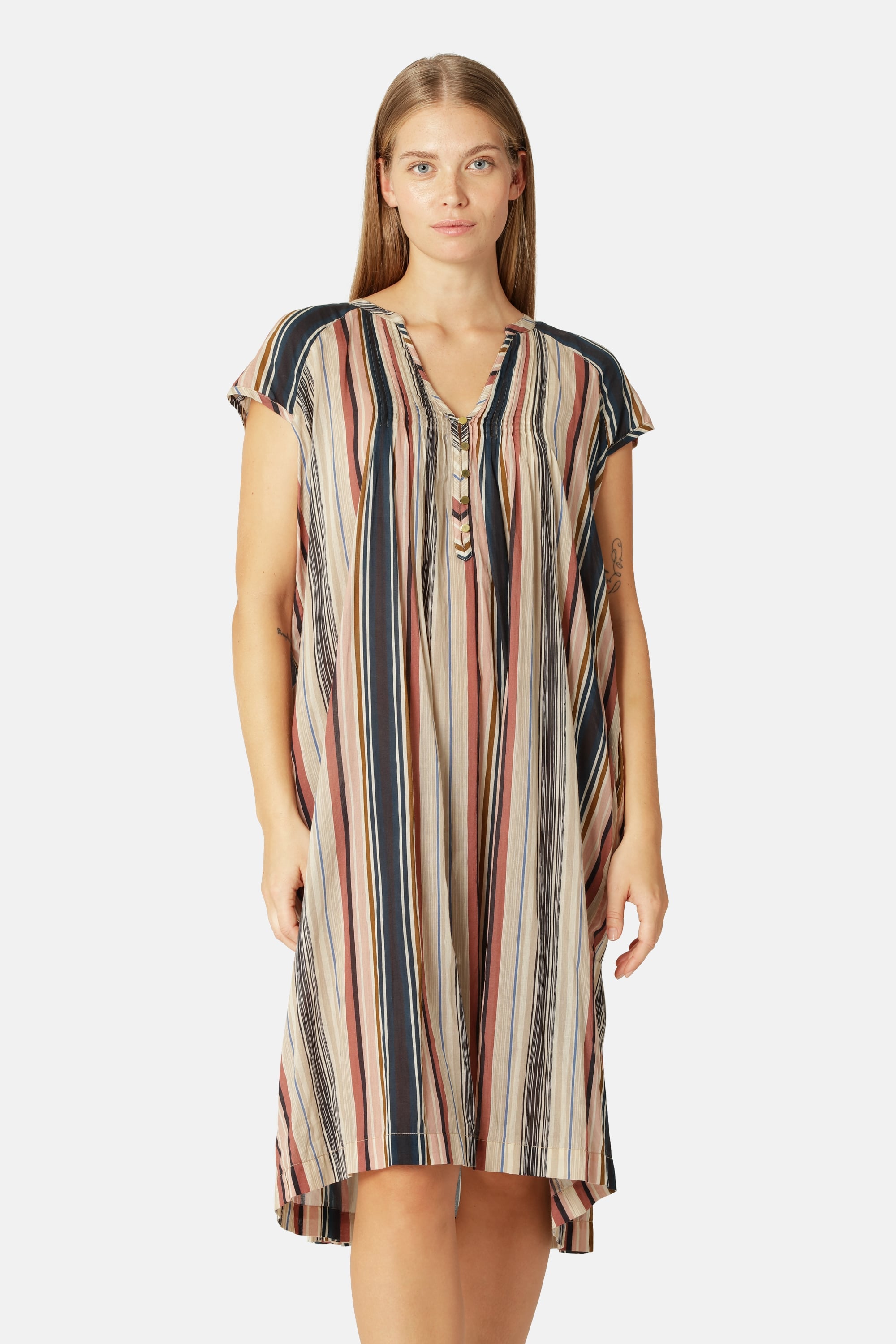 Lang Kjole med Korte Ermer Pintuck - Beige Organic Stripe